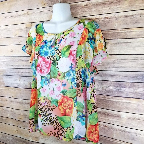Animal Print Floral Chiffon Blouse M Flutter - Picture 2 of 8